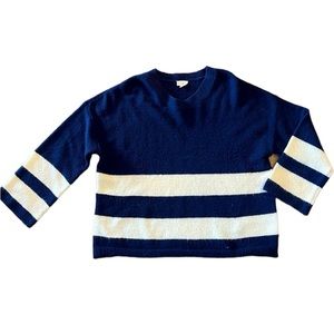 Women’s Hem & Thread Large Sweater, Navy with White Stripes, 3/4  sleeves